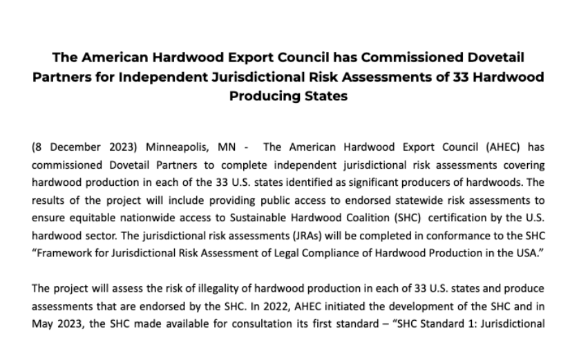 The American Hardwood Export Council has Commissioned Dovetail Partners for Independent Jurisdictional Risk Assessments of 33 Hardwood Producing States